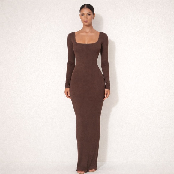SKIMS Dresses & Skirts - Skims brown ribbed square neck lounge maxi dress